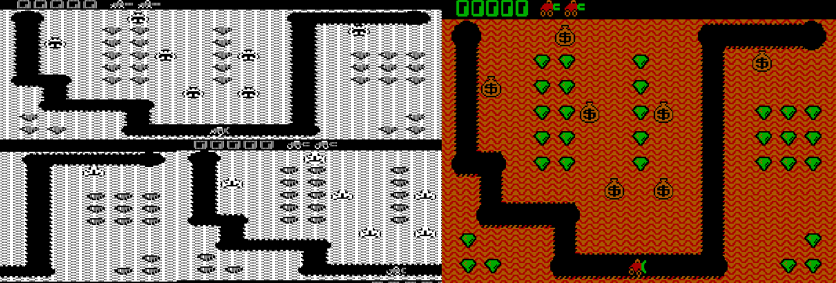 A visualization of the 8KiB offset on the IBM CGA displaying the video game 'Digger'