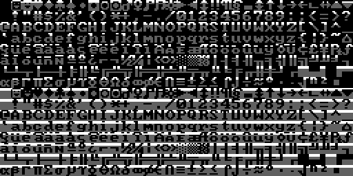 A visualization of the standard CGA font with the top two rows highlighted