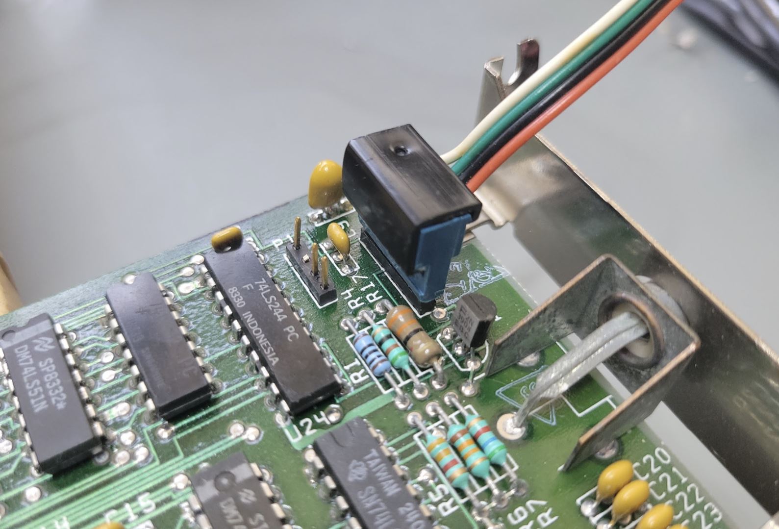 The light pen header (with attached cable) on the IBM CGA card.
