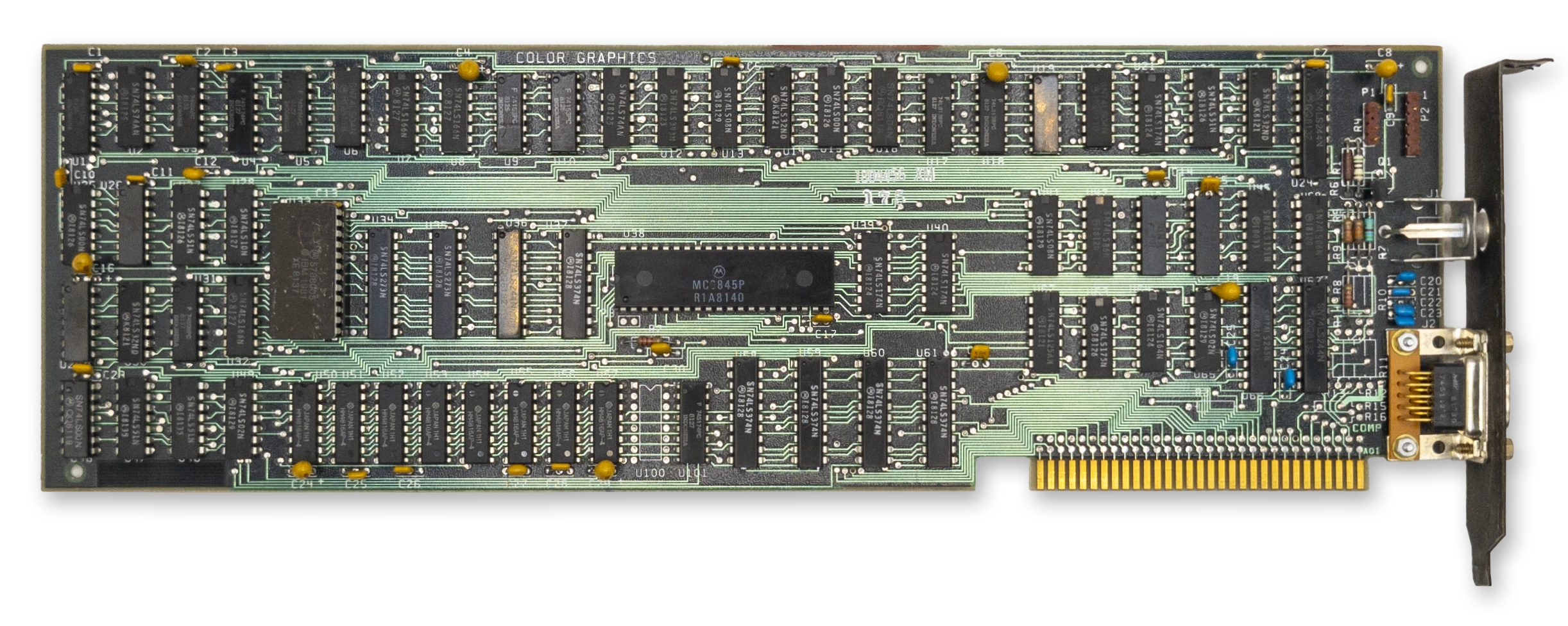 A photograph of a full-length ISA card in green, with a DE-9 connector and composite video output at the I/O faceplate.