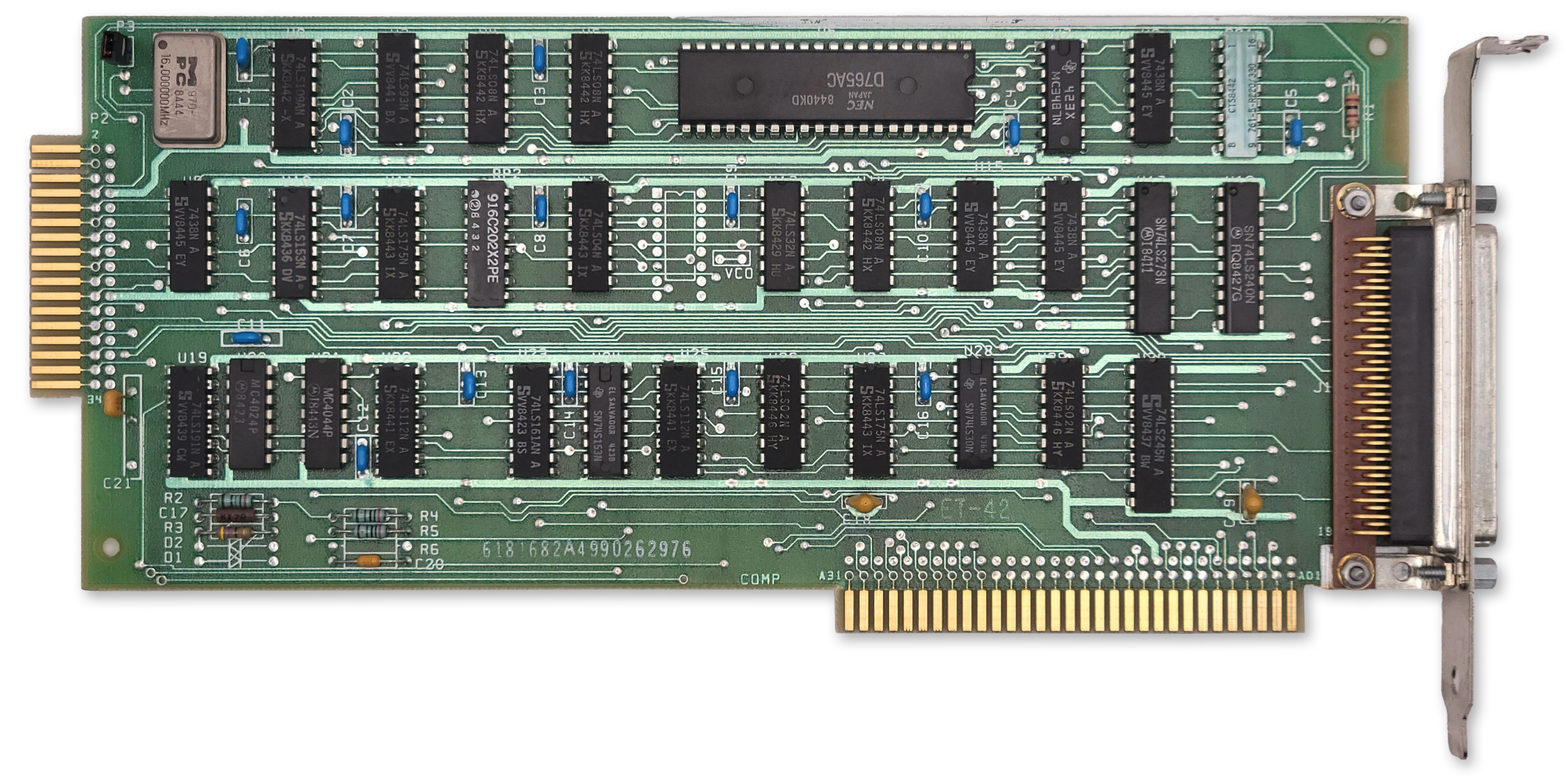 A photograph of a half-length ISA card in green, with a large D-subminiature connector at the I/O faceplate.