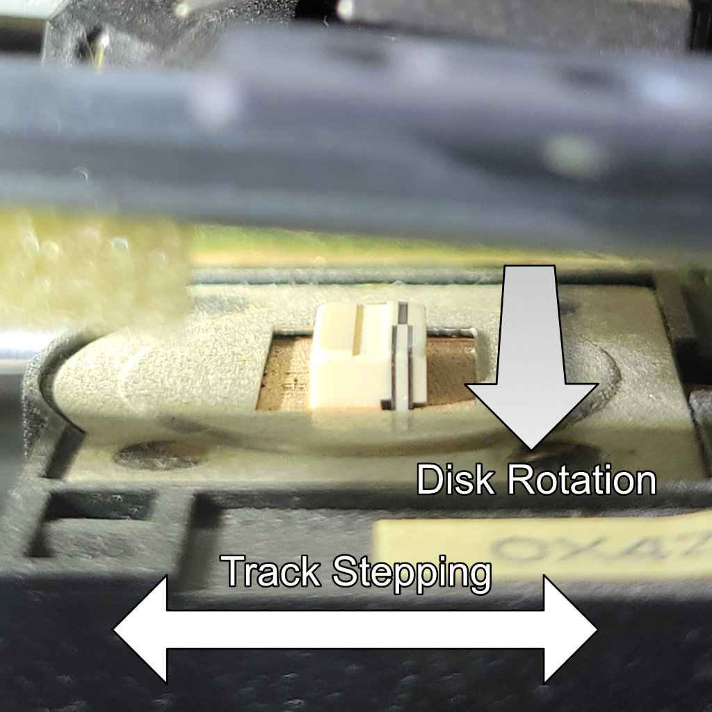 A photograph of the magnetic head 0 in a TEAC FD-55BR double-density floppy drive. The direction of floppy disk rotation and head stepping is indicated with arrows.