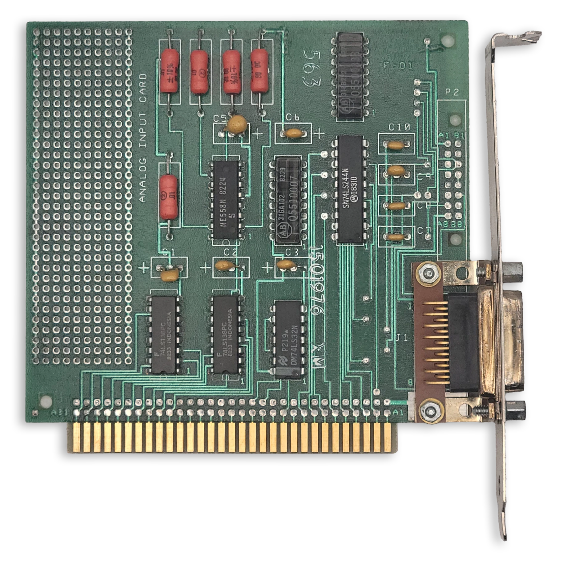 A photograph of a short ISA card in green, with a DA-15 connector at the I/O faceplate.