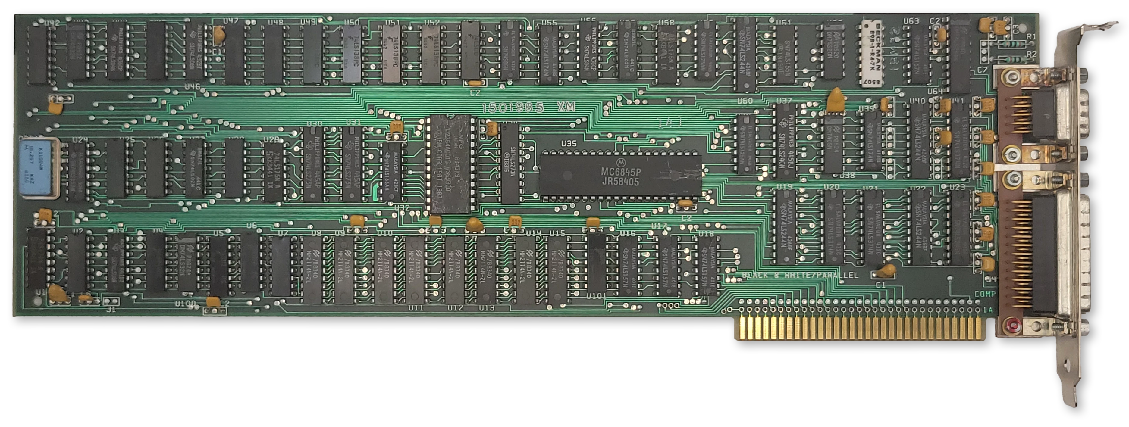 A photograph of a full-length ISA card in green, with a DE-9 connector and DB-25 parallel port at the I/O faceplate.