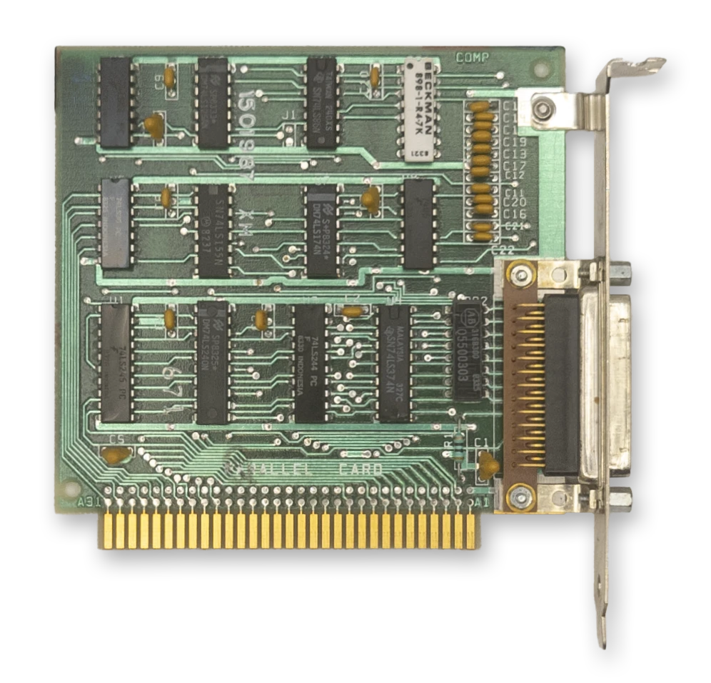 A photograph of a short ISA card in green, with a DB-25 connector at the I/O faceplate.