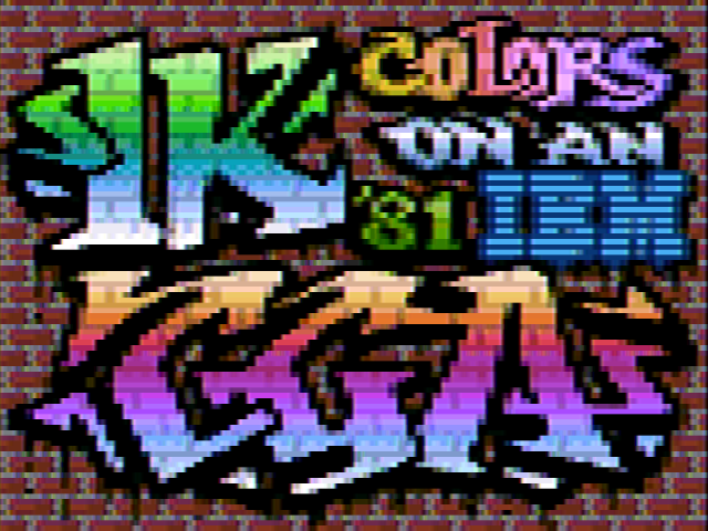 A screenshot of the PC demo 8088 MPH showing a brick wall with colorful graffiti saying '1K colors on an '81 IBM CGA'.