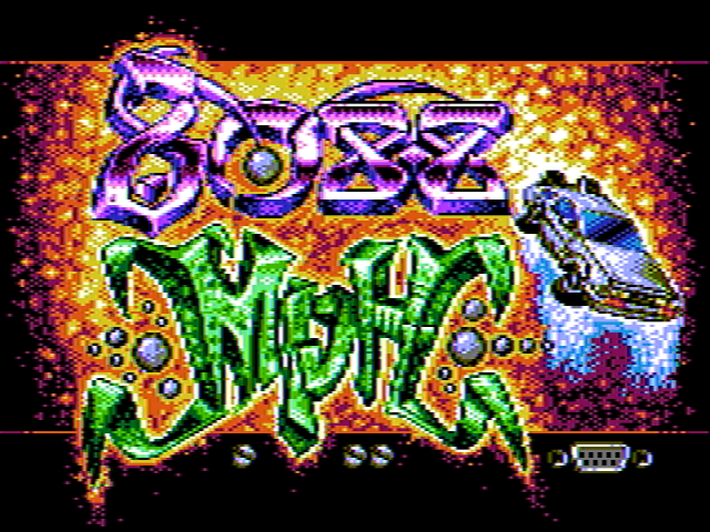 A screenshot of the PC demo 8088 MPH showing the title screen, with a stylized font and the DeLorean from Back to the Future.