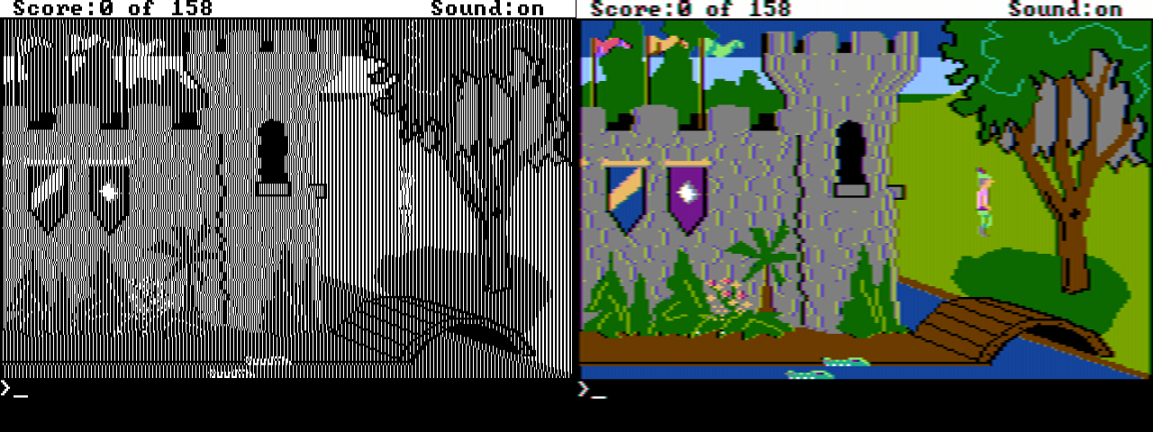 A side-by-side comparison of a screenshot from King's Quest showing the raw black and white high resolution graphics mode output on the left, along with the composite video output on the right.