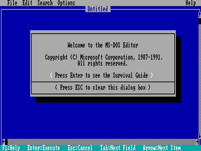 A screenshot of CGA's 80-column text mode showing the MS-DOS editor