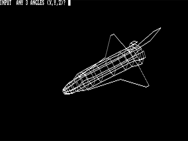 A screenshot of a wireframe space shuttle rendered on the CGA in white-on-black